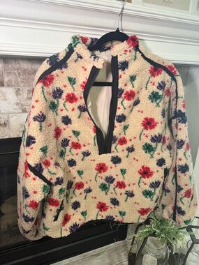 Vici Cream Sherpa Jacket with Red, Green & Purple Floral Accents